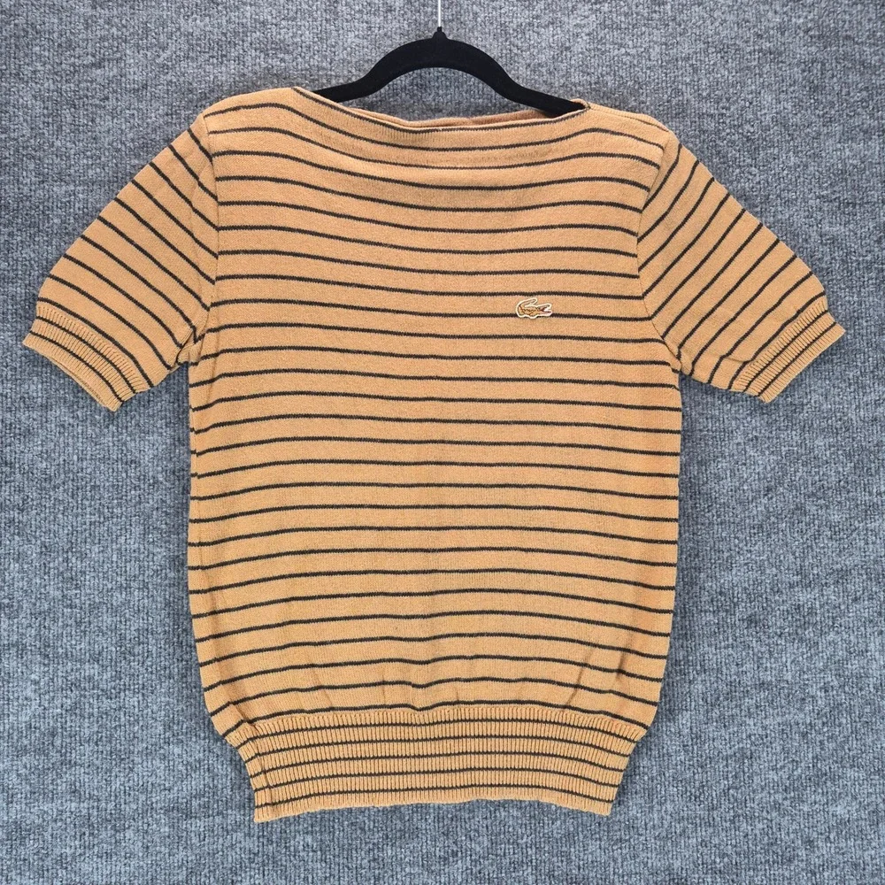 Izod Lacoste Sweater Short Sleeve Striped Small Tan Women